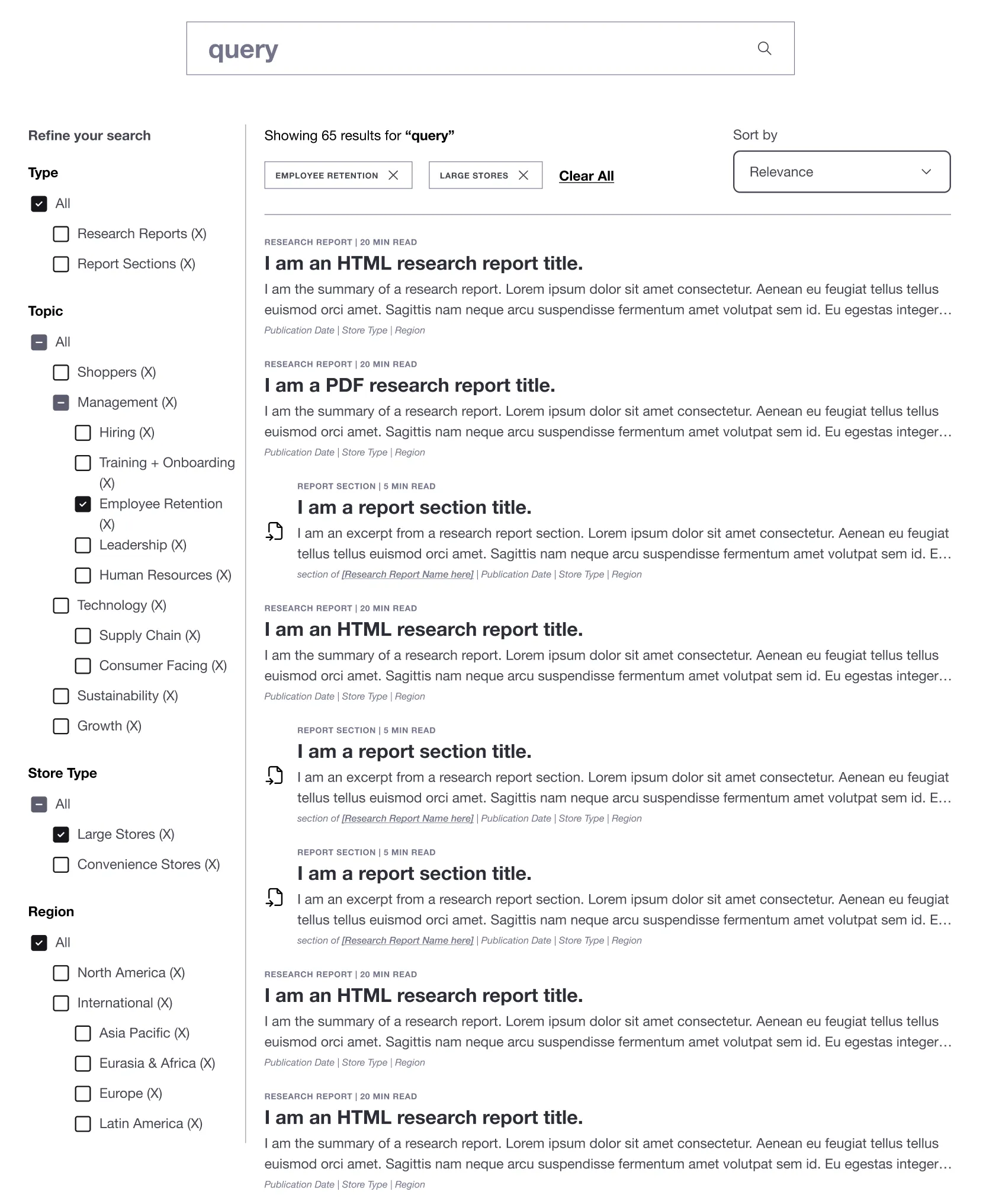Early wireframe of a complex faceted-search interface for the research library