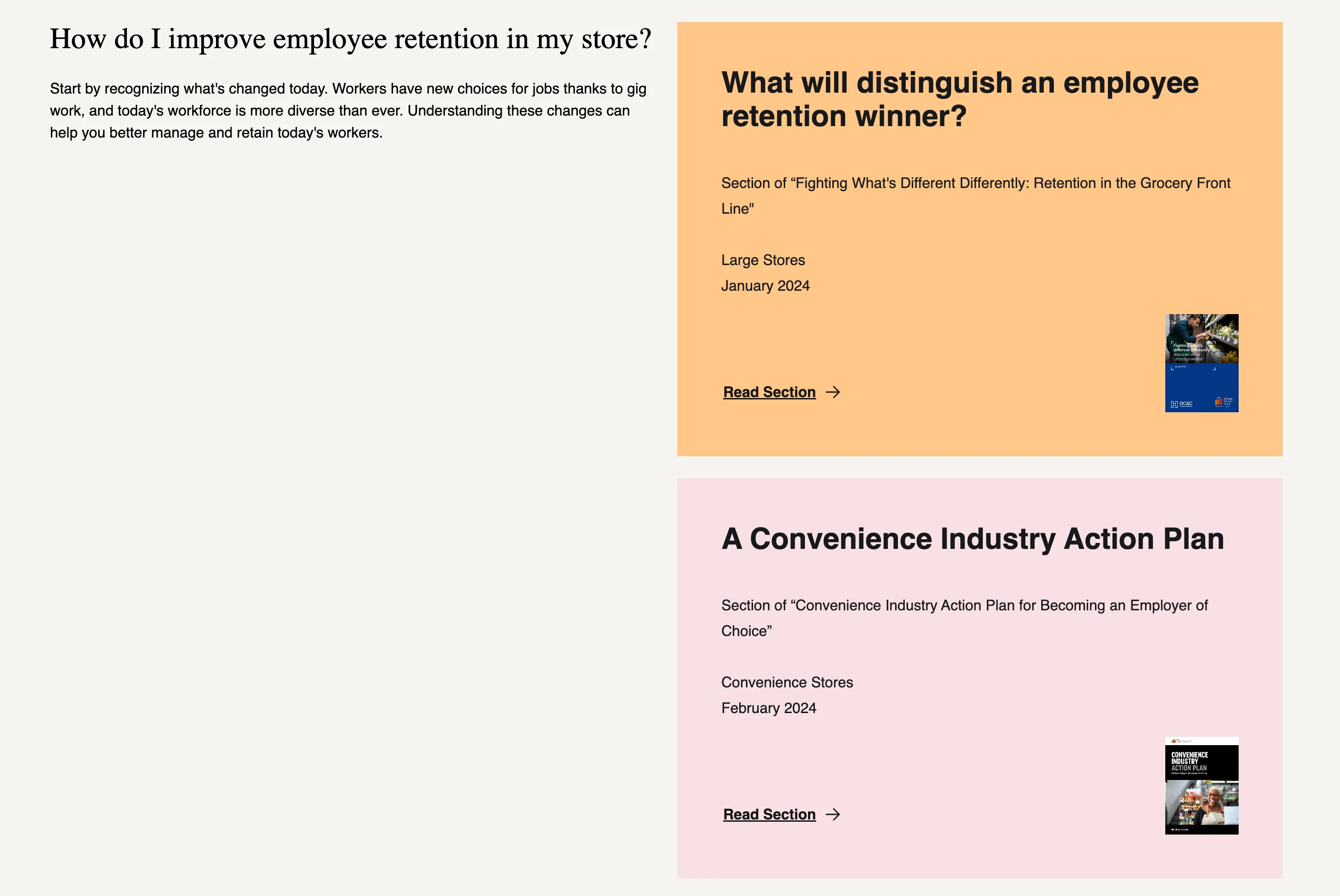 Topic page wireframe presenting research as a question with linked report answers