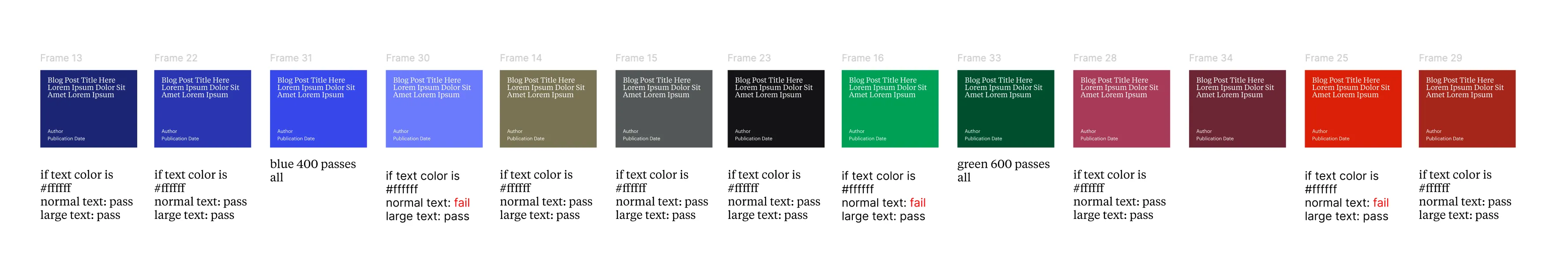 Figma board marking text-on-color pairings pass or fail against WCAG AA contrast