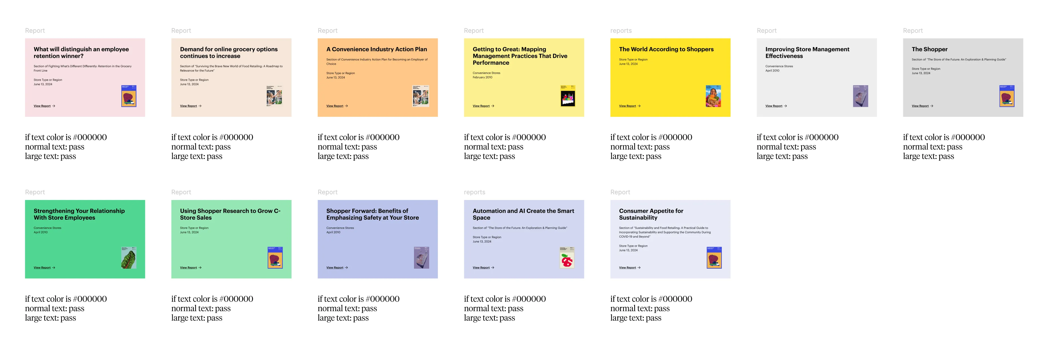 Figma board marking more text-on-color pairings pass or fail against WCAG AA contrast
