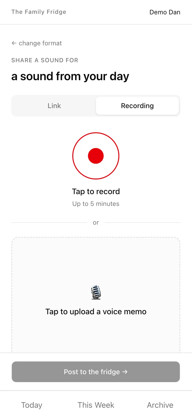 The Pre-styling sound-submission Recording tab: a “Tap to record (up to 5 minutes)” button added above the existing voice memo upload dropzone, so families can record in-app.
