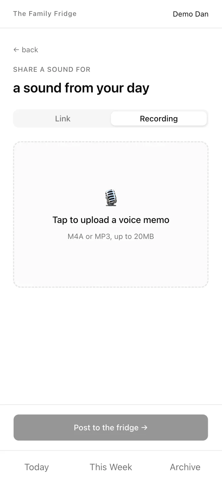 The MVP sound-submission Recording tab: a single dashed “Tap to upload a voice memo (M4A or MP3, up to 20MB)” dropzone — the only way to add audio.