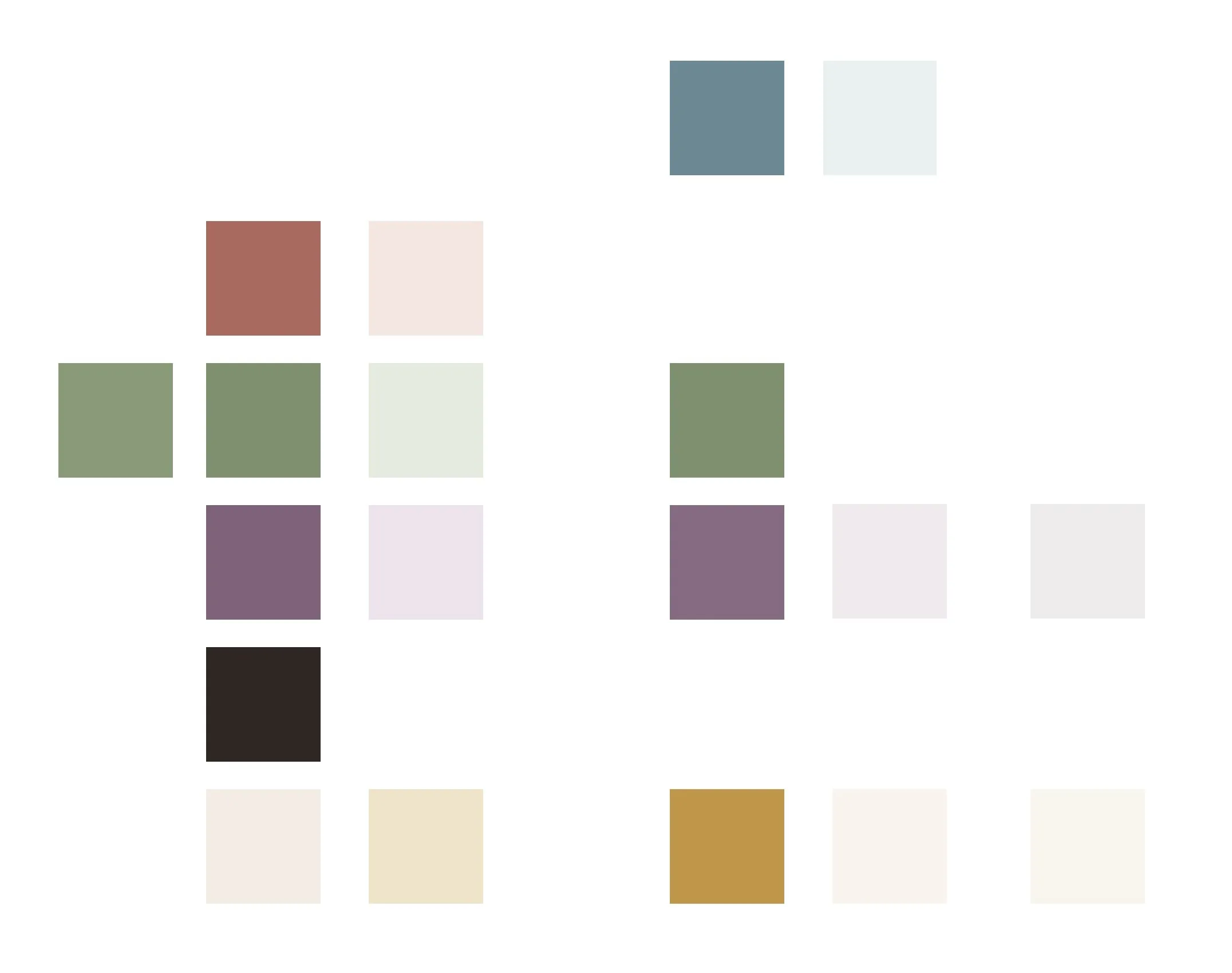 A loose grid of the palette’s color swatches from the visual pass — clay, sage, plum, denim, and honey alongside their soft tints — laid out for comparison.