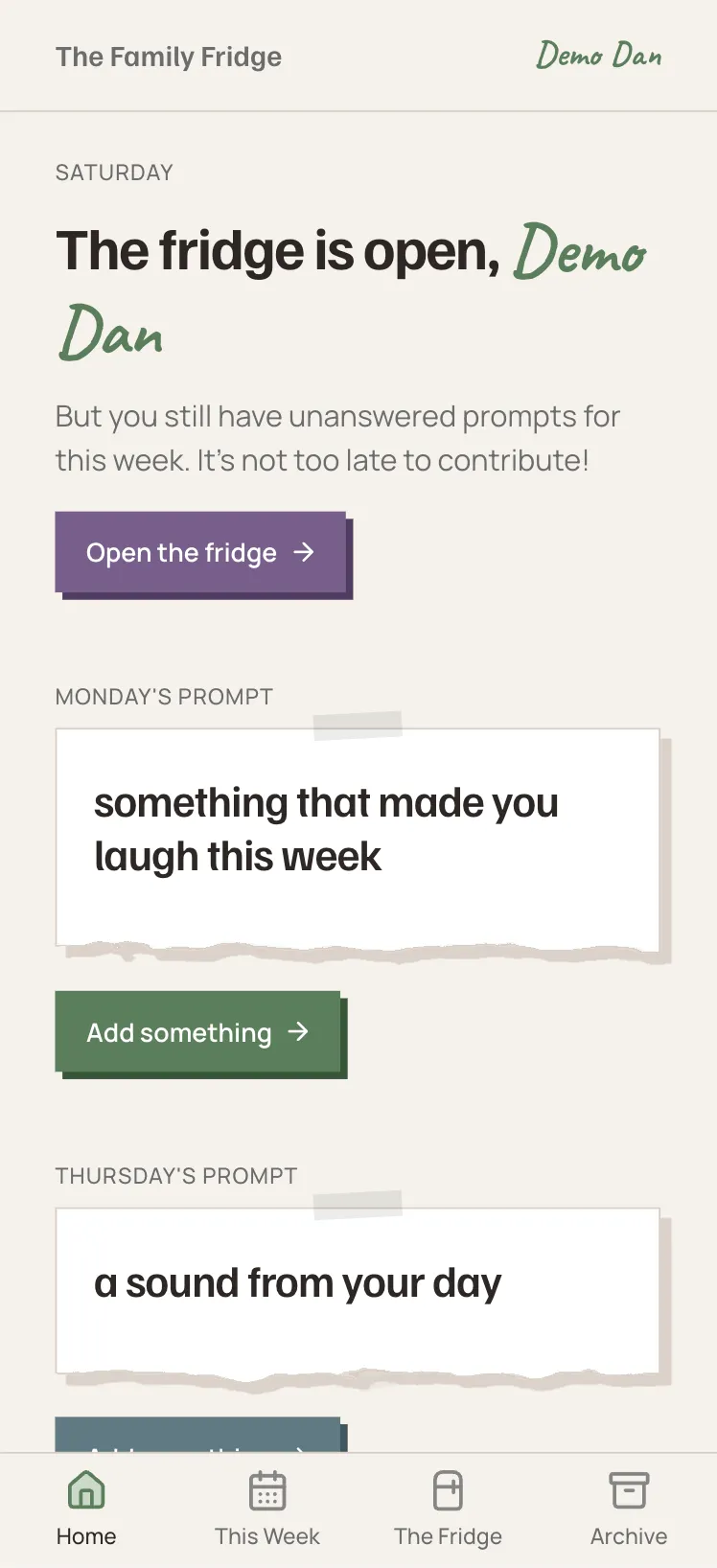 Family Fridge current — the fully styled app in the earthy palette, in active use.