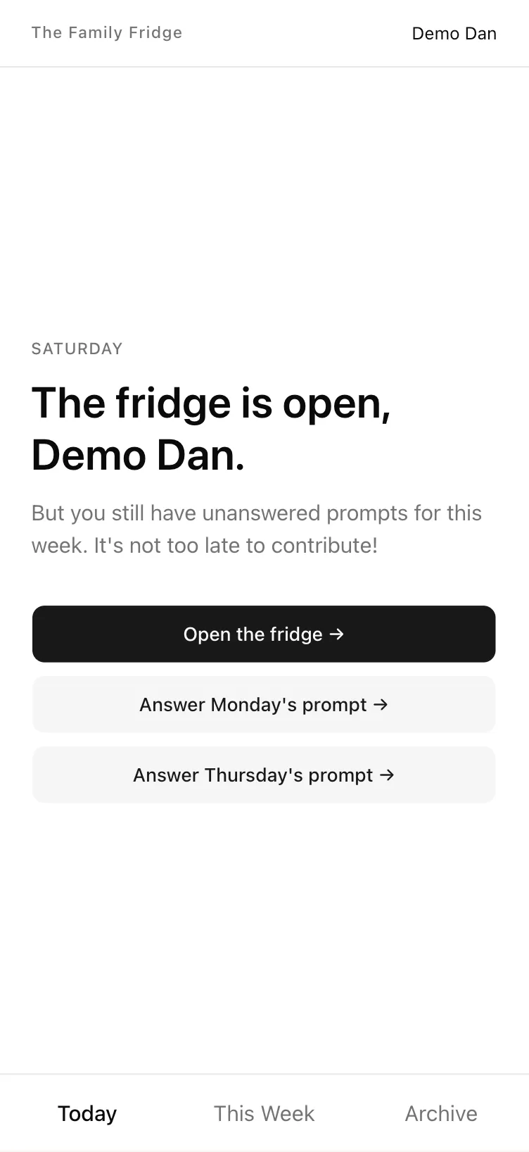 Family Fridge pre-styling — the improved MVP, still unstyled, with prompt-answer shortcuts.