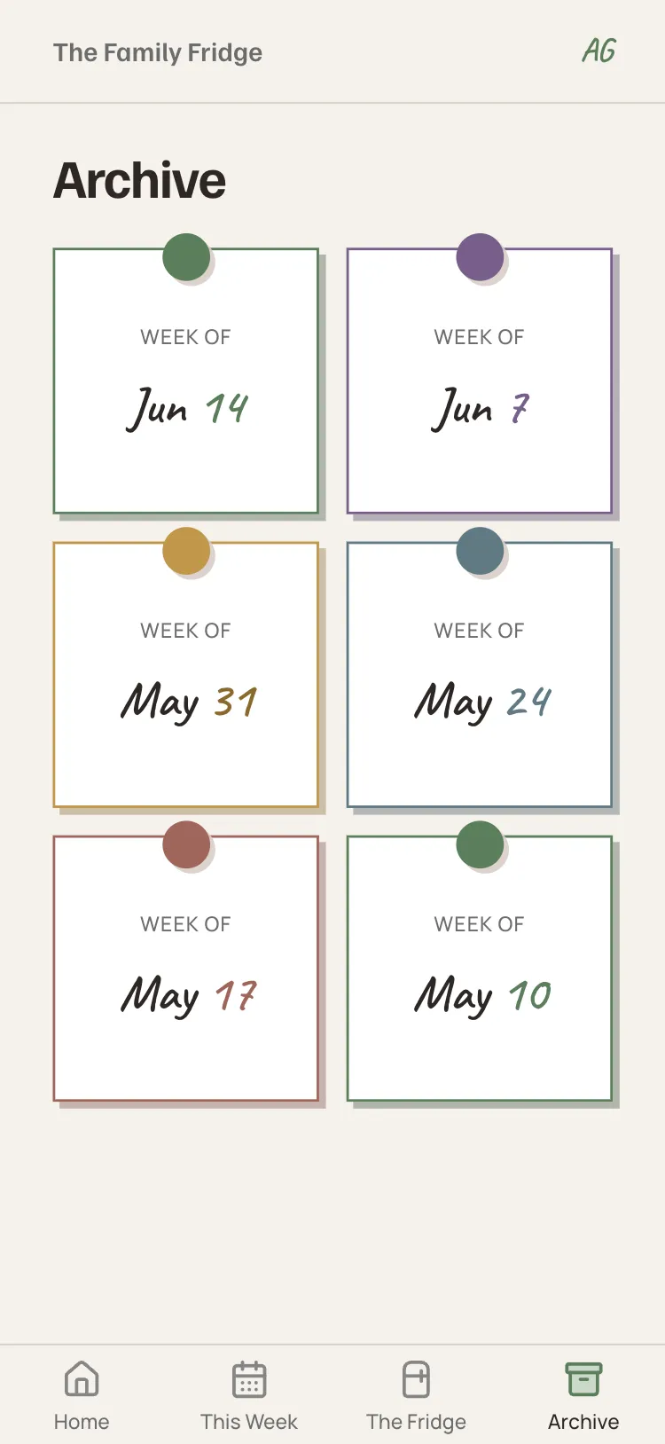 The styled Family Fridge Archive page: a grid of “Week of” cards (Jun 14, Jun 7, May 31, May 24, May 17, May 10), each pinned with a different earthy-colored magnet, with the Archive tab active in the bottom nav.