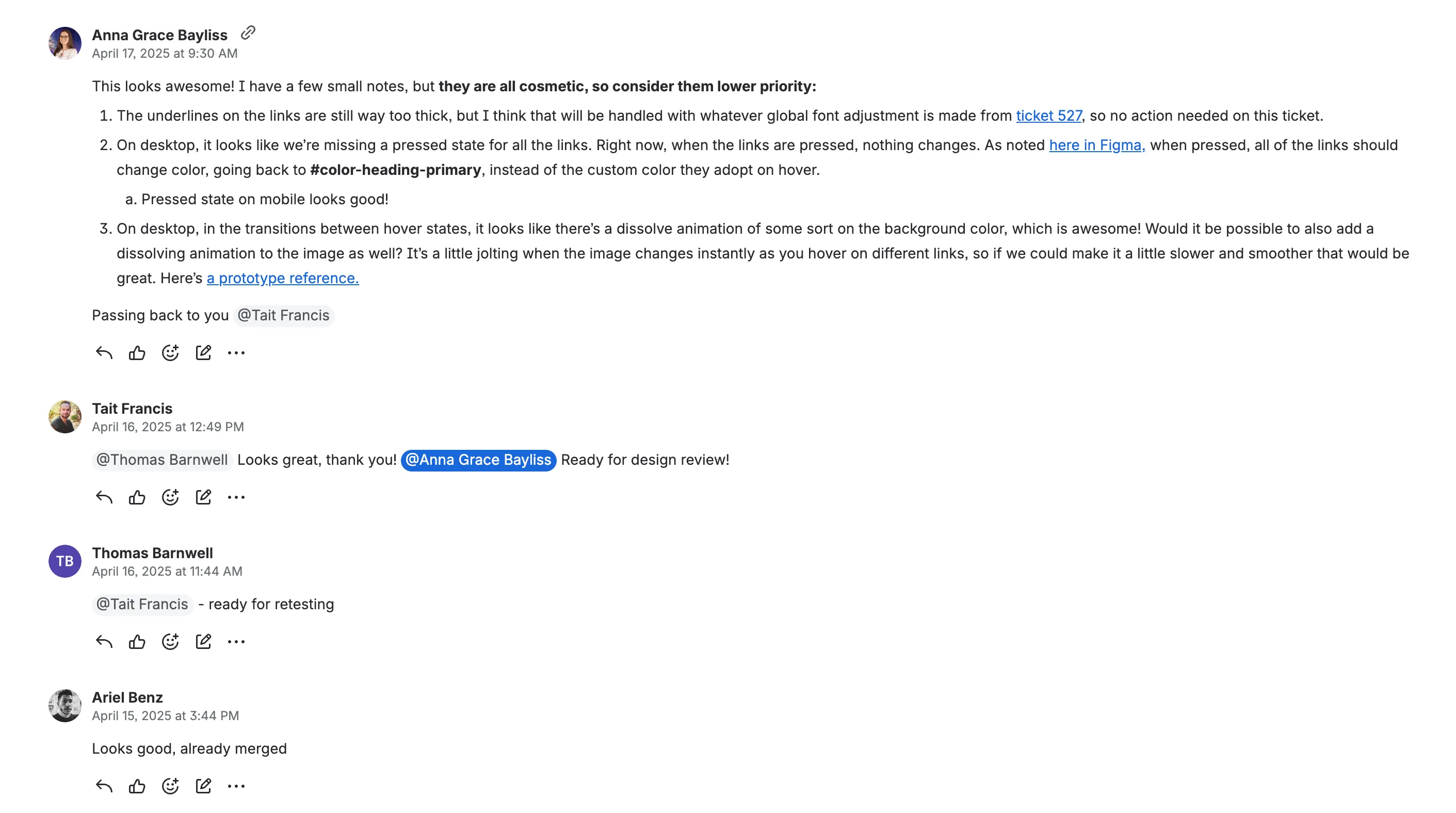 A Jira ticket carrying clear, constructive design-review feedback on a component build