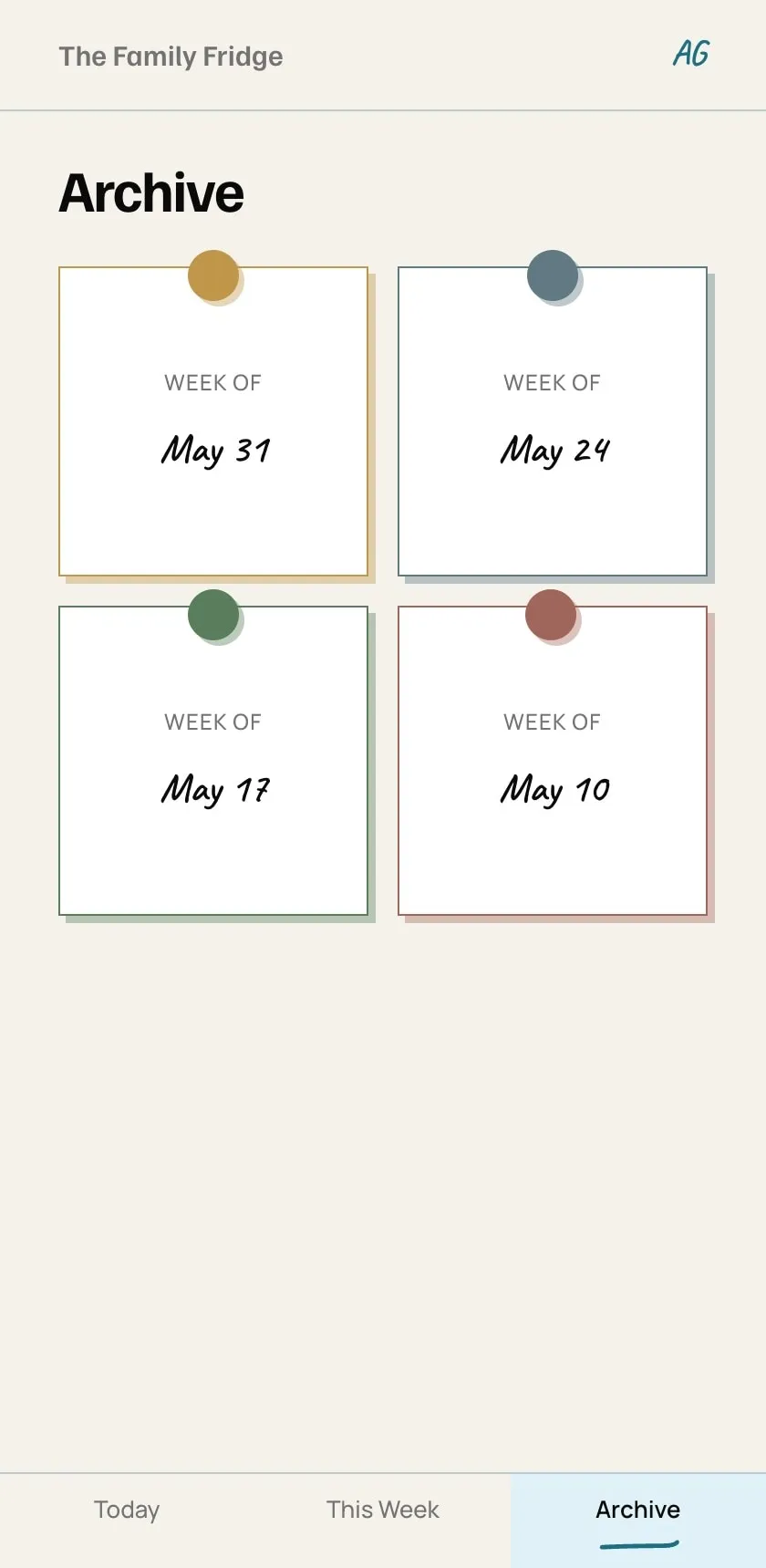 A styling exploration of the Archive screen in the earthy multi-color theme, each week card pinned in a different palette color on a warm paper background.