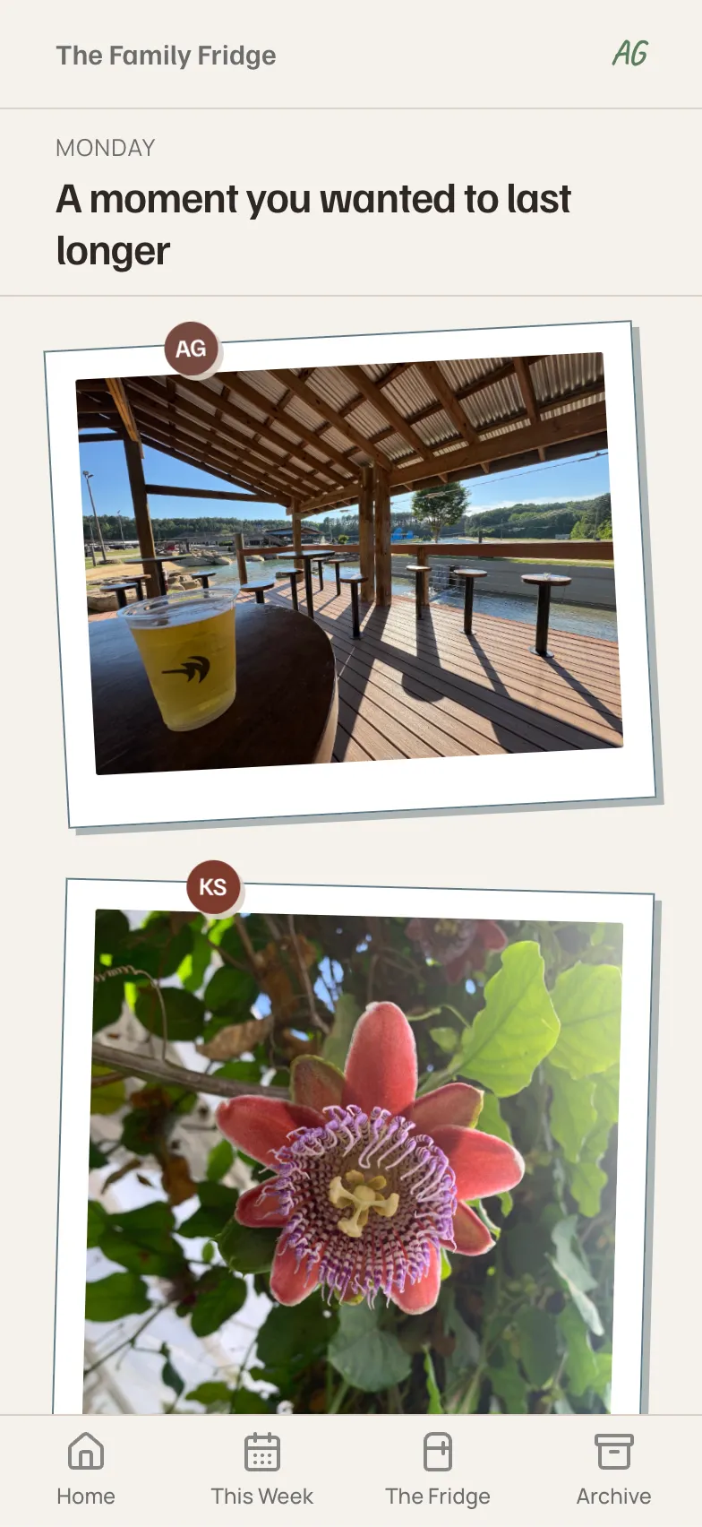 The styled Family Fridge on the Monday prompt “A moment you wanted to last longer,” showing two polaroid photos — a drink on a wooden deck overlooking the water, and a close-up of a passionflower.