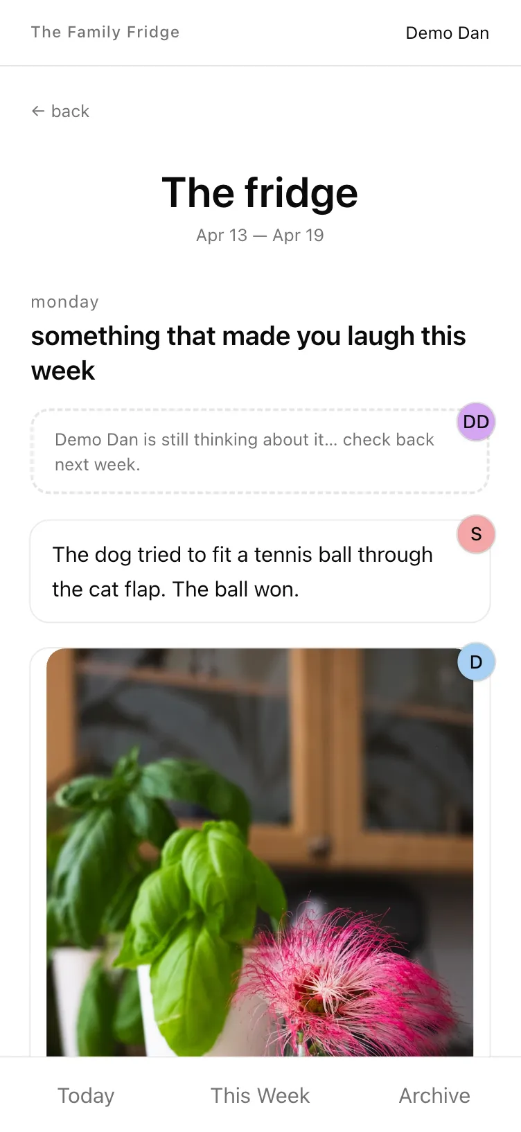 The unstyled MVP Fridge screen showing the week’s answers stacked — a text note, another text answer, and a photo — each tagged with the family member’s initials.