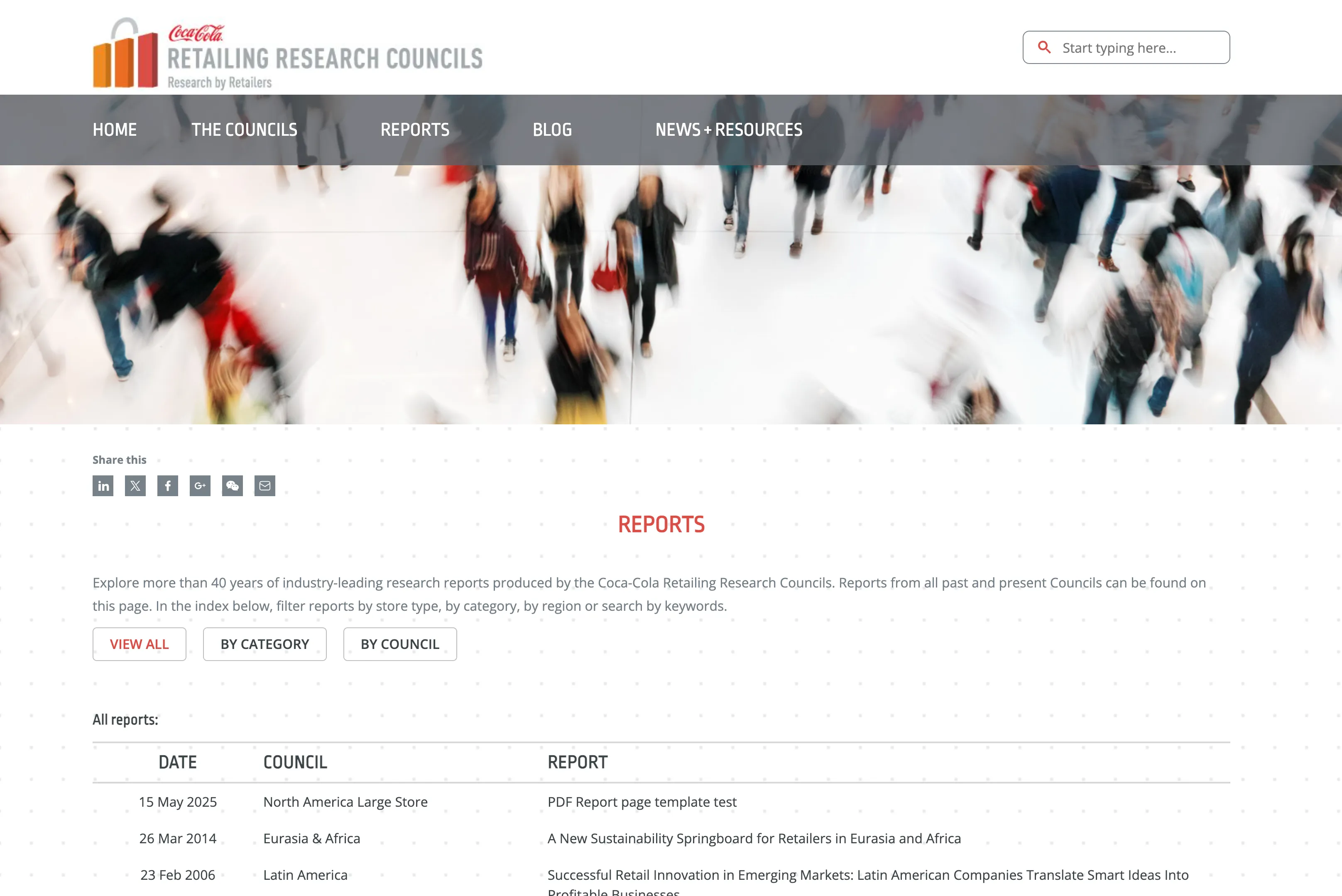The old CCRRC website: the reports index as a plain, chronological table of PDFs