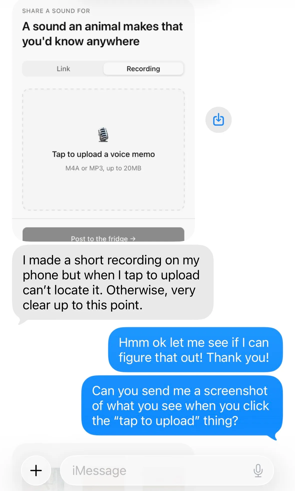 A phone screenshot from the tangled back-and-forth about uploading a voice memo.